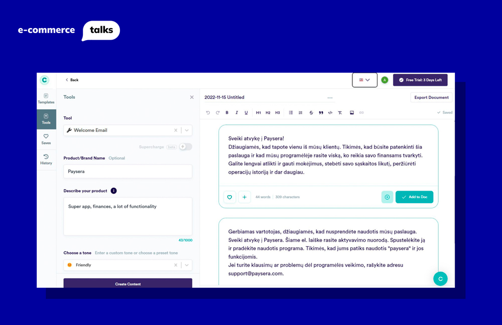 copy.ai is an AI tool that generates specific content for your brand