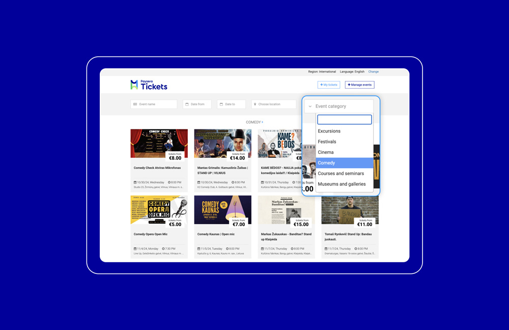 Įvairių renginių pasiūlymai pagal kategorijas Paysera Tickets platformoje.